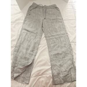 Athleta M 100% Linen Wide Leg Pants Gray Drawstring Split Bottom Hem Hippie Boho